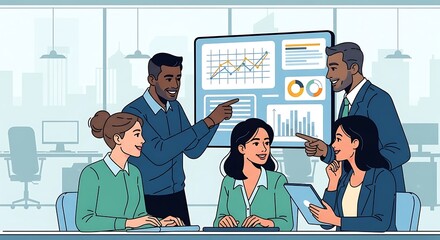 Business Meeting with Data Presentation and Diverse Team.