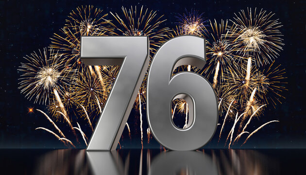 Silver number 76 with fireworks in the background. Festive scene for birthday or anniversary party