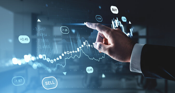 Businessman interacting with digital forex and stock market chart interface showing buy and sell decisions with futuristic holographic data overlay. - Powered by Adobe