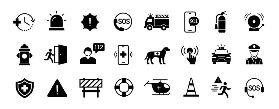 Emergency icon set. SOS and warning symbol. Vector illustration.