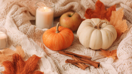 Cozy autumn still life with pumpkins, apples, cinnamon sticks, candles, and knitted fabric, evoking fall warmth and seasonal comfort.