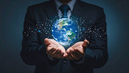 Businessman Holding the World - Global Network Connection Concept.
