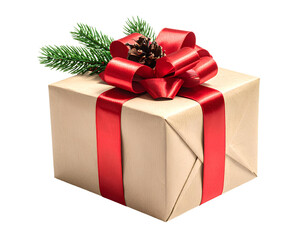 A single Christmas gift box wrapped with a shiny red ribbon a small green pine sprig