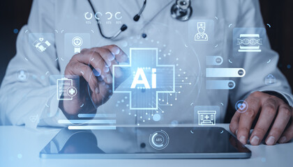 Doctor using futuristic AI interface for healthcare assistance with digital icons and data visualization on transparent background concept hologram.