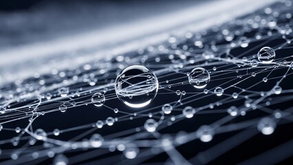 A close-up view of water droplets on a spider web, showcasing the intricate network of threads and the transparent spheres in a dark environment.