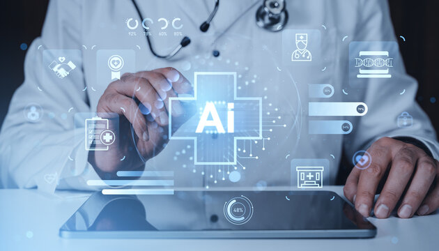 Doctor using futuristic AI interface for healthcare assistance with digital icons and data visualization on transparent background concept hologram. - Powered by Adobe