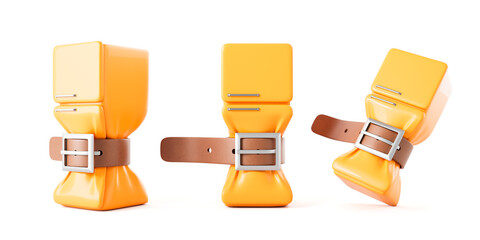 Creative concept of yellow refrigerator squeezed by brown belt symbolizing food shortage or diet on white background. 3D Rendering. 3D Rendering