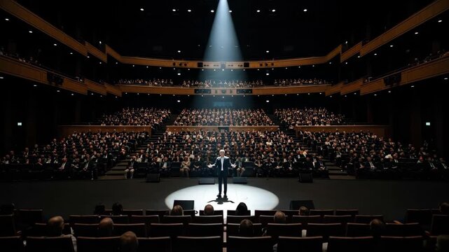 A captivating stage performance with a spotlight on the speaker, engaging a full audience in an elegant theater setting.