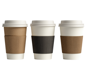 Three Coffee Cups with Varied Sleeve Textures and Colors Displayed , png, isolated on transparent background a Casual Beverage Scene