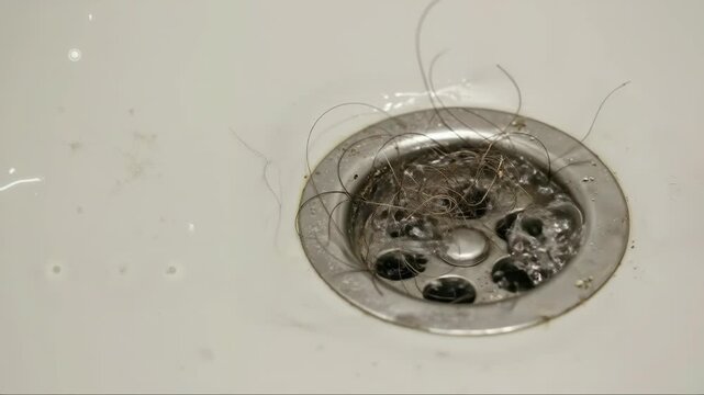 Close-up of hair clogging a bathroom sink drain. Water flows over a clump of fallen hair stuck in a metal strainer. Hair loss and plumbing problem concept.