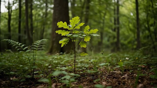 Young oak sapling growing in lush forest with green foliage  