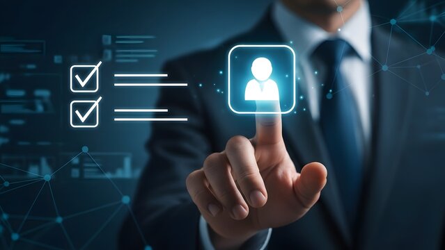 Businessman selecting verified user profile icon on dark futuristic digital interface