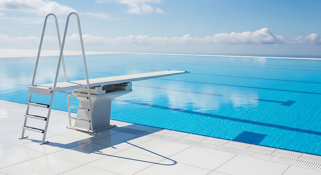 A serene outdoor swimming pool with diving board overlooking the ocean on a sunny day from a high vantage point
