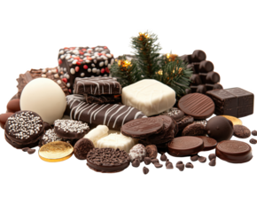An Abundance of Delicious Chocolates, Confections, and Festive Treats for the Sweet Tooth Enthusiast Covered in Elegant Decorations, png, isolated on transparent background