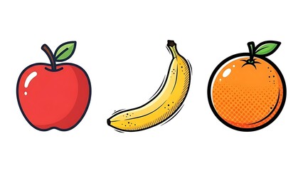 Colorful Cartoon Fruits Apple Banana Orange.