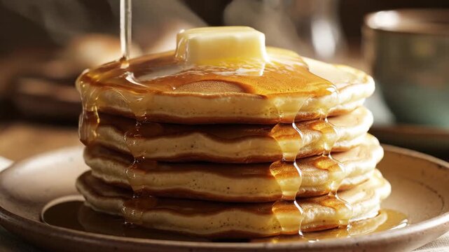 A stack of fluffy pancakes drizzled with syrup and topped with butter.