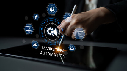 Marketing automation diagram showcase AI-driven campaign workflow, highlight marketing automation, data-driven strategy, marketing automation tools, and market automation process in business. Spline