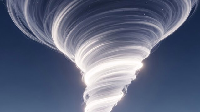 A massive tornado touches down on the landscape viewed from a low angle