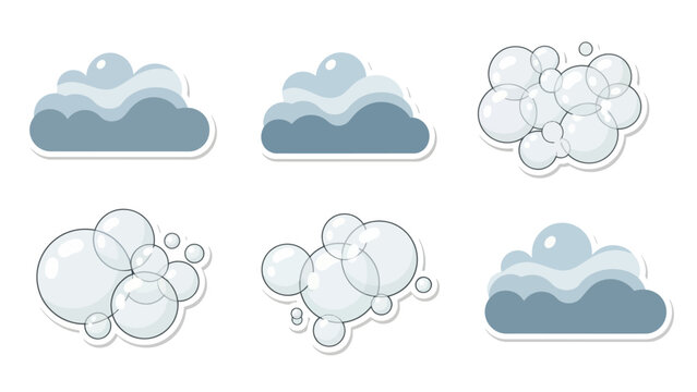 Collection of diverse graphic elements featuring stylized soap bubbles and foam shapes, perfect for cleanliness themes and bath product designs