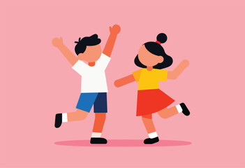 Fototapeta premium Two children, a boy and a girl, are joyfully jumping with arms raised