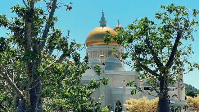 Brunei Darussalam - June 25, 2025: Sultan Omar Ali Saifuddin Mosque in Bandar Seri Begawan. Mosque with baobab trees in the foreground. Mosque facade and dome in sunlight. 4К