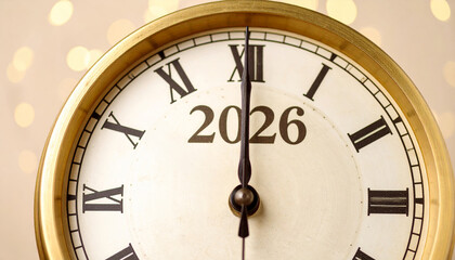 Plakat 2026 new year resolution goals finance planning money budget savings investment success wealth motivation vintage clock face at midnight celebrating fresh start optimistic reflection