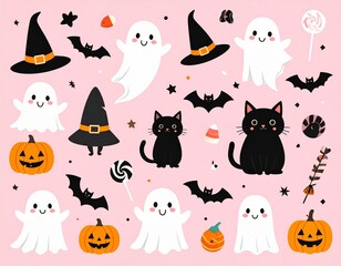 Cute Halloween themed illustration with ghosts, cats, bats, and pumpkins on pink background.