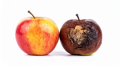 Different stages of apples show the contrast between fresh and rotten fruit in a simple setting