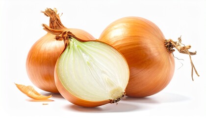 Fresh onions on a white background, one sliced open to show inside, highlighting layers and texture for cooking or food prep