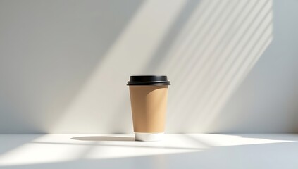Minimalist paper coffee cup with black lid on white surface, soft sunlight shadows, modern lifestyle concept
