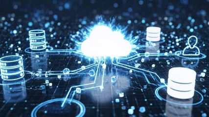A high-tech digital visualization featuring interconnected cloud computing nodes, data storage units, and glowing network connections representing futuristic data infrastructure - Powered by Adobe