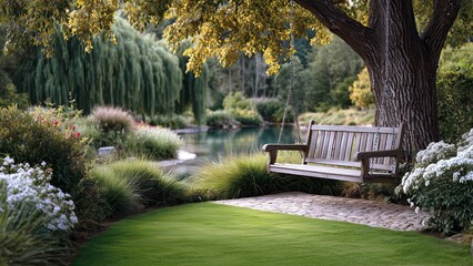 Wooden swing suspended from mature tree branch overlooking serene garden landscape with tranquil pond, verdant lawn, blooming floral surroundings