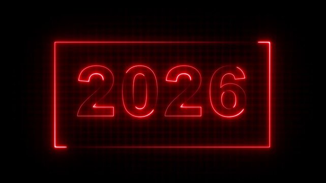 Red neon glowing number 2026 in a rectangular frame on a dark grid background