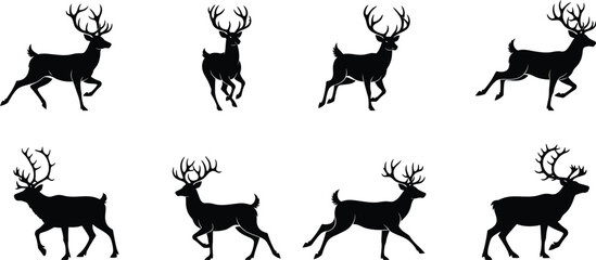 Set of black deer silhouettes isolated on transparent background