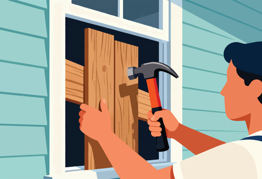 Person with hammer boarding up a window with wooden planks