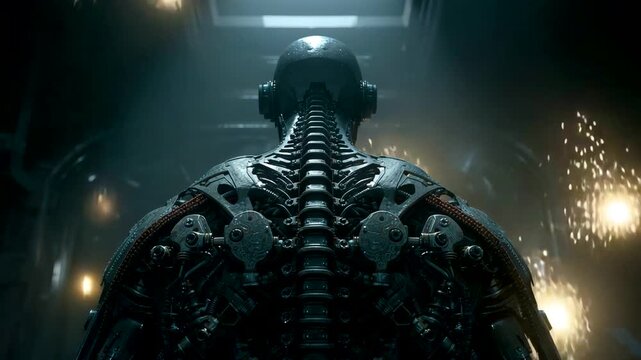 Humanoid cyborg seen from behind with exposed mechanical spine in dark corridor