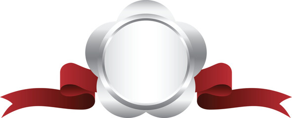 Silver Floral Badge with Red Ribbon. Mockup and Template Design.