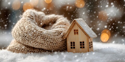 Naklejka premium Miniature wooden house model wrapped snugly in a thick beige knitted scarf sits on a bed of snow, symbolizing warmth and winter insulation.