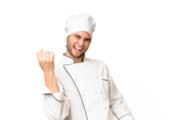 Young handsome chef man over isolated background making guitar gesture