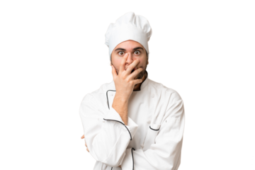 Young handsome chef man over isolated background surprised and shocked while looking right