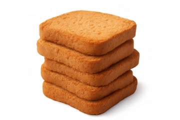 Dry rusks stack for breakfast or snack, crispy wheat biscuits isolated on transparent background