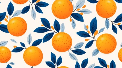 A vibrant illustration featuring ripe oranges and blue leaves, perfect for fresh and healthy food themes, packaging, or fabric prints, This seamless design evokes a cheerful, summery feel,