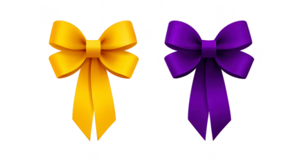 Yellow bow purple bow decorative ribbon elegant satin festive celebration isolated on white gift wrap cheerful vibrant luxury party
