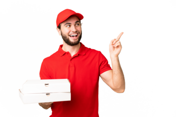 pizza delivery man with work uniform picking up pizza boxes over isolated chroma key background intending to realizes the solution while lifting a finger up