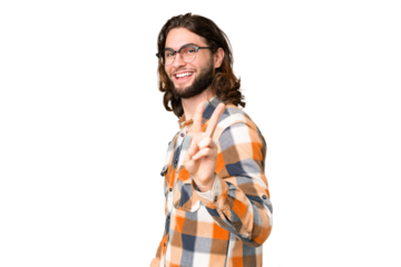 Young handsome man over isolated chroma key background smiling and showing victory sign