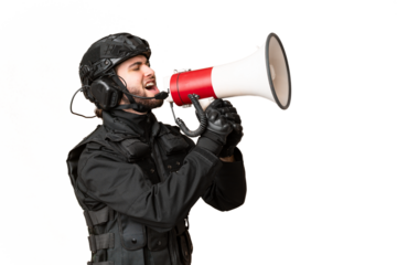 SWAT over isolated chroma key background shouting through a megaphone