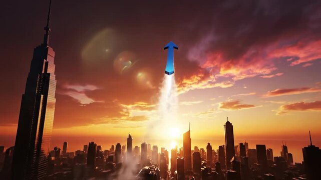 Soaring Above Cityscape: Witness the dawn of innovation as a futuristic vehicle ascends above the iconic cityscape, its trajectory painted against the canvas of a breathtaking sunrise.