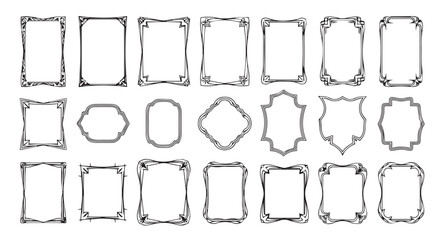 Vintage Ornamental Border Frames Set, Luxury Art Nouveau Decorative Frames Pack for Wedding Invitations, Certificates and Labels, Black Ink Vector Illustration on White Background.