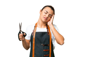 Seamstress woman over isolated chroma key background with headache