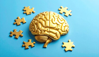 Golden brain puzzle, representing complex thinking and mental processes. The image captures the essence of problem-solving.